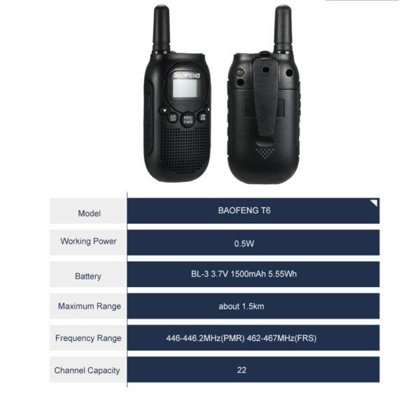 0.5W VOX Flashlight Key Lock 1.5KM Range New T6 Baofeng Mini Walkie Talkie - Image 6