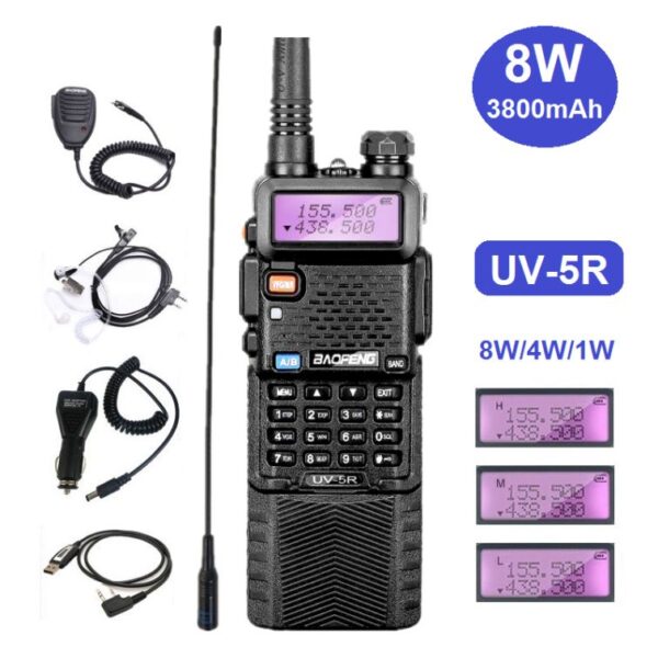 Two Way Ham Radio Stations Baofeng UV-5R with 3800mAh Extend Battery Speaker Microphone Programming Cable Security Headset Car Charger High Gain Antenna