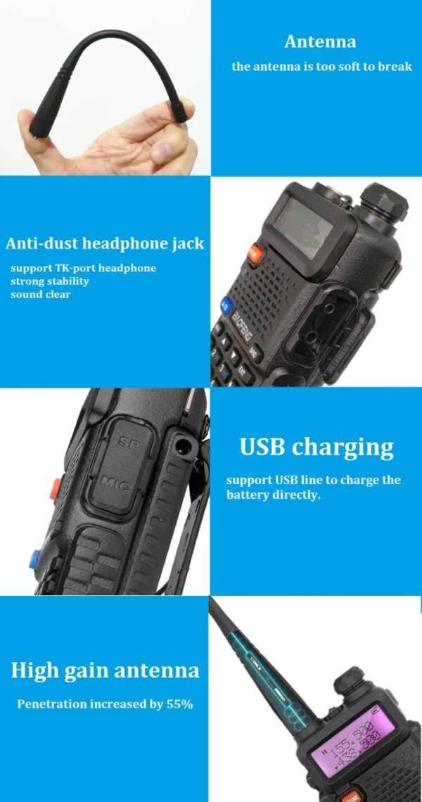 Two Way Ham Radio Stations Baofeng UV-5R with 3800mAh Extend Battery Speaker Microphone Programming Cable Security Headset Car Charger High Gain Antenna - Image 2