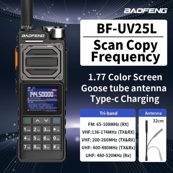 Baofeng UV-25L Walkie Talkie Long Range Military Radio Tri-Band Copy Frequency BF-UV25L Tactical Portable Type-C Outdoor Two Way Radio