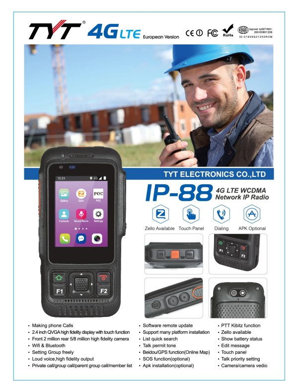 TYT  IP-88 4G LTE POC walkie-talkie  for long-distance conversation, Zello multi-platform support for Google Play