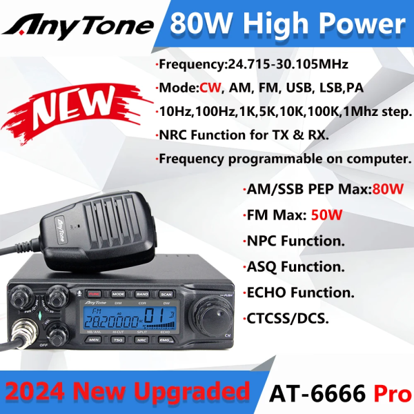 New AnyTone AT-6666pro 28-29.7MHz 80W High Power CB Radios Mobile Transceiver CW/AM/FM/USB /LSB/PA Mode 40CH Car Mobile Radio