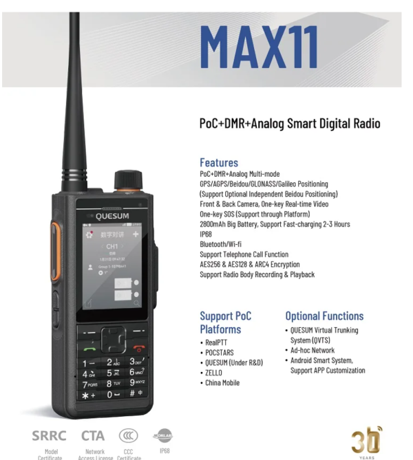 Quansheng MAX 11 Handheld Two-Way Radio PoC+DMR+Analog Smart Digital 4G POC DMR Private Network Converd Radio with GSM Sim Card