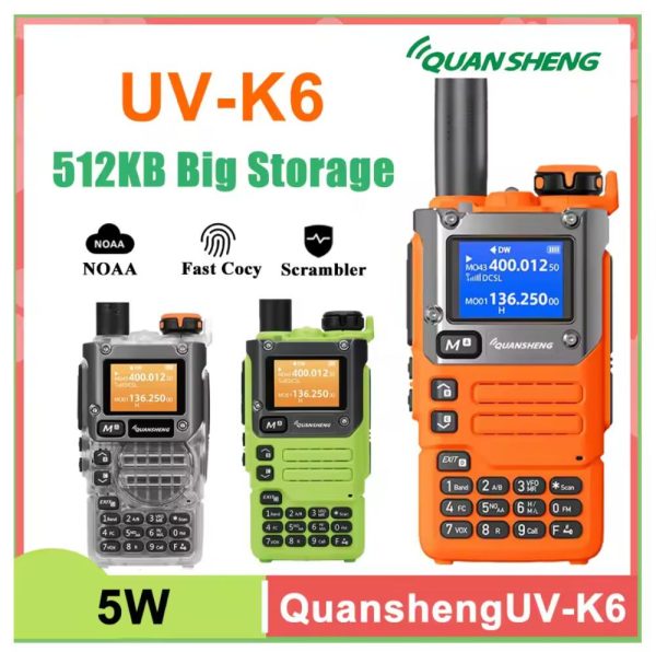 Quansheng UV-K6 Walkie Talkie 512KB Big Storage UV-K58 Type-C Charge 50-600MHz NOAA Wireless Frequency Green Orange Transparent