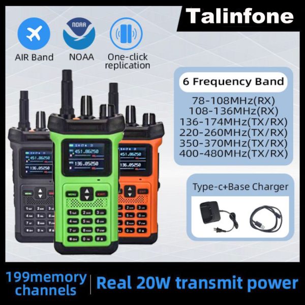 20W High Power Walkie Talkie Air Band 6 bands VHF UHF 199CHS 10800 Battery NOAA One-click replication