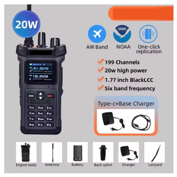 20W High Power Walkie Talkie Air Band 6 bands VHF UHF 199CHS 10800 Battery NOAA One-click replication - Image 2