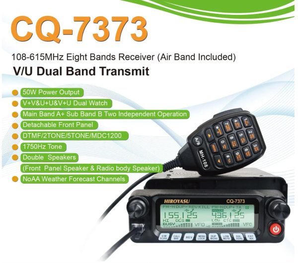 HIROYASU CQ-7373 Detachable Front Panel 108-615MHz Eight Bands Rx VU Dual Band Tx 50W 100Ch Air Band Amateur Mobile Transceiver