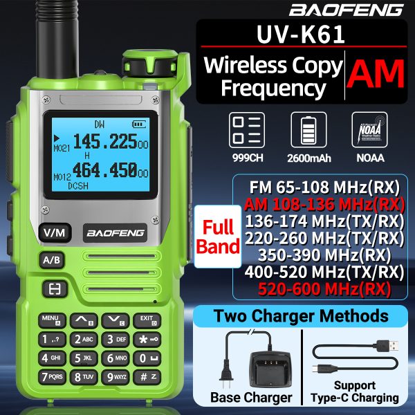 Green Baofeng UV-K61 Walkie Talkie Air Band Wireless Copy Frequency Type-C Full Band UHF VHF DTMF NOAA UV-5R Upgraded UV-K6 Ham Radio