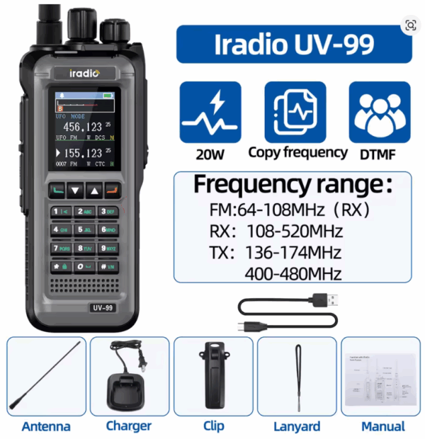 Iradio UV-99 Mutli Band Walkie Talkie 20W High Power Air Band 1024CH Wireless Copy Frequency DTMF Type-C Long Range Ham Radio - Image 7