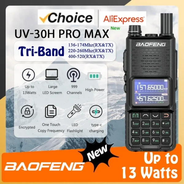 Baofeng UV-30H Pro Max 13W Walkie Talkie Tri-Band Type-C Charging FM High Power NOAA 999 Channel CB Two Way Radio Long Range DTMF