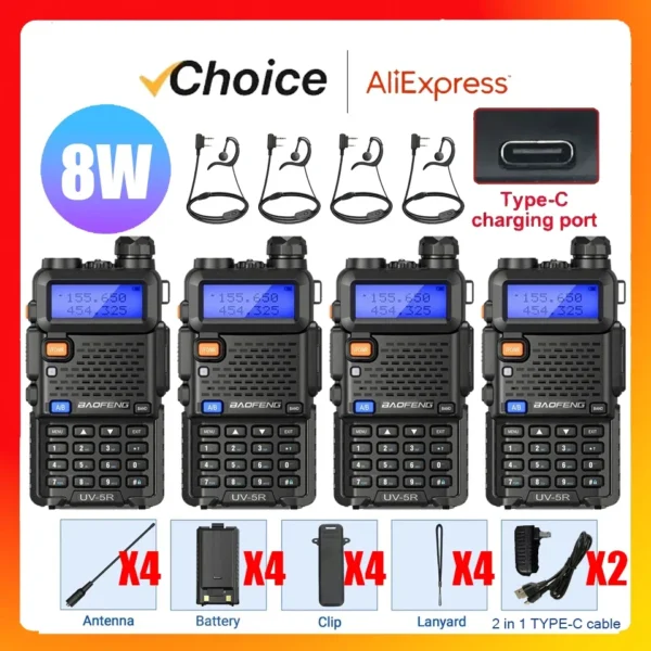 4pcs Baofeng UV-5R 8W/5W Tri-Power Portable Walkie Talkie High Power Dual Band Long Range Handheld Radio